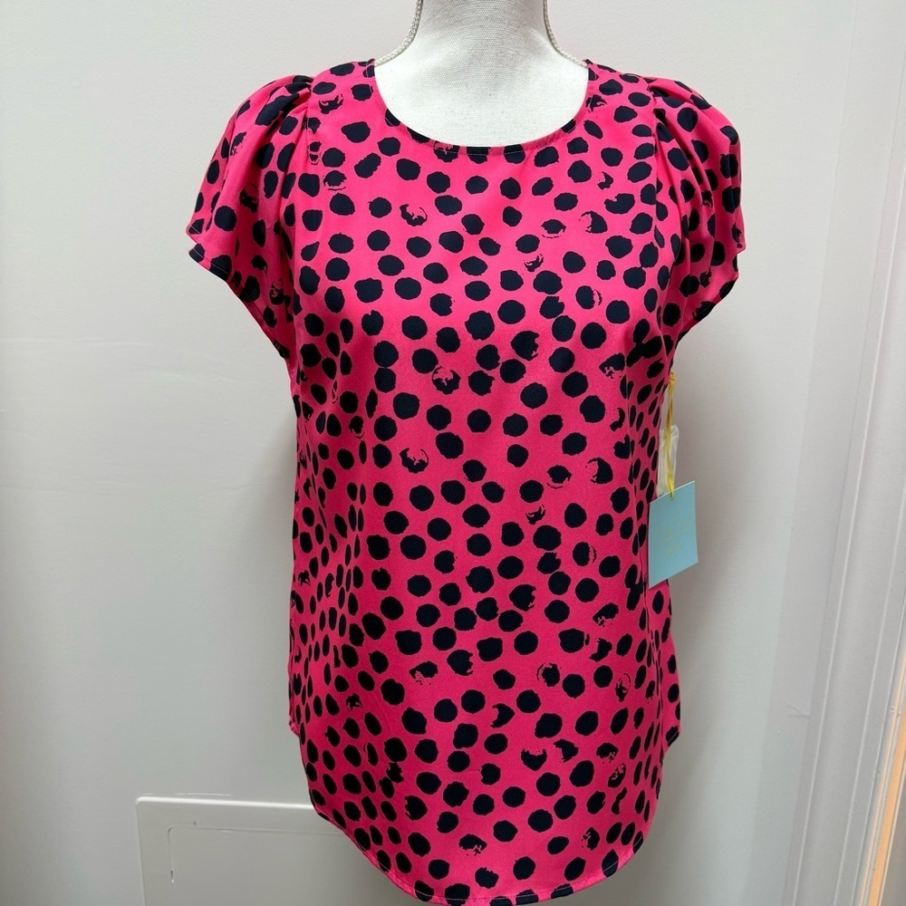 Cece Candy Pink Abstract Polka Dot Short Sleeve Blouse Top Size Small